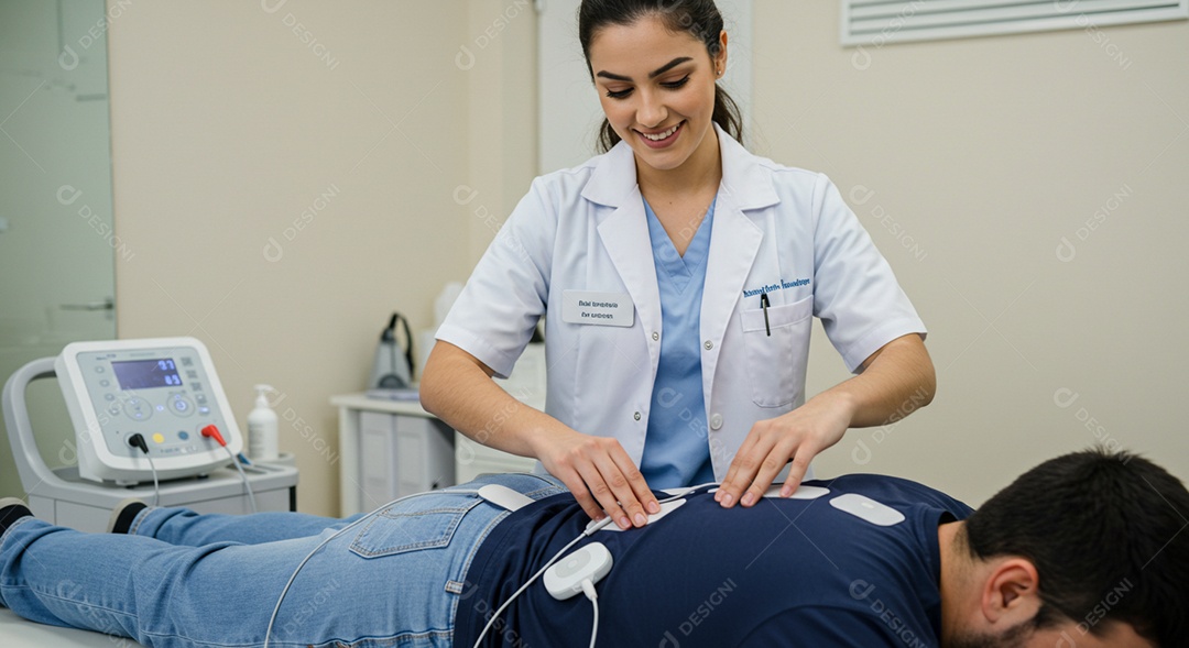 Bela mulher fisioterapeuta fazendo atendimento de um paciente sob uma clínica