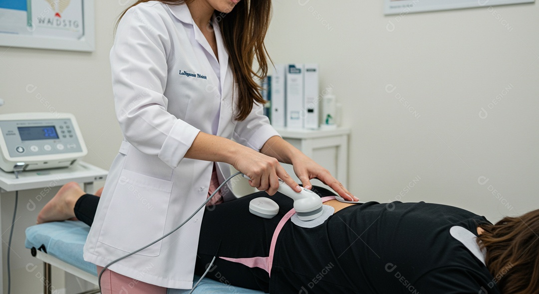 Bela mulher fisioterapeuta fazendo atendimento de uma paciente sob uma clínica