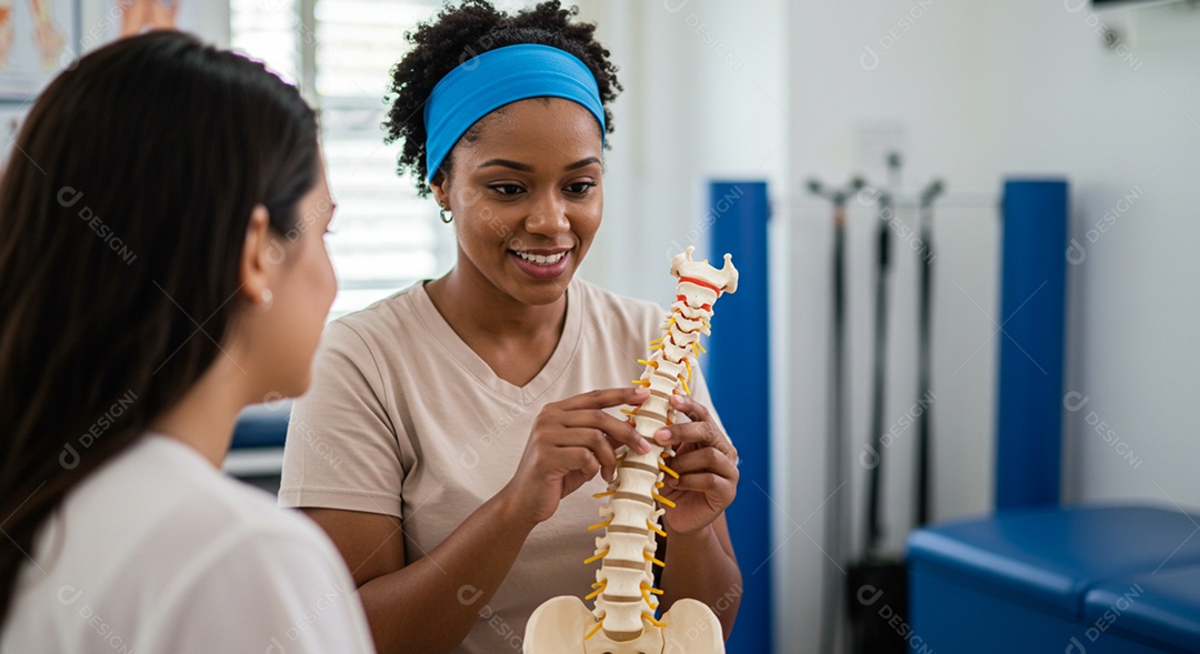 Bela mulher fisioterapeuta fazendo atendimento de uma paciente sob uma clínica