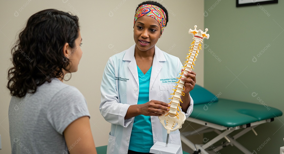 Bela mulher fisioterapeuta fazendo atendimento de uma paciente sob uma clínica
