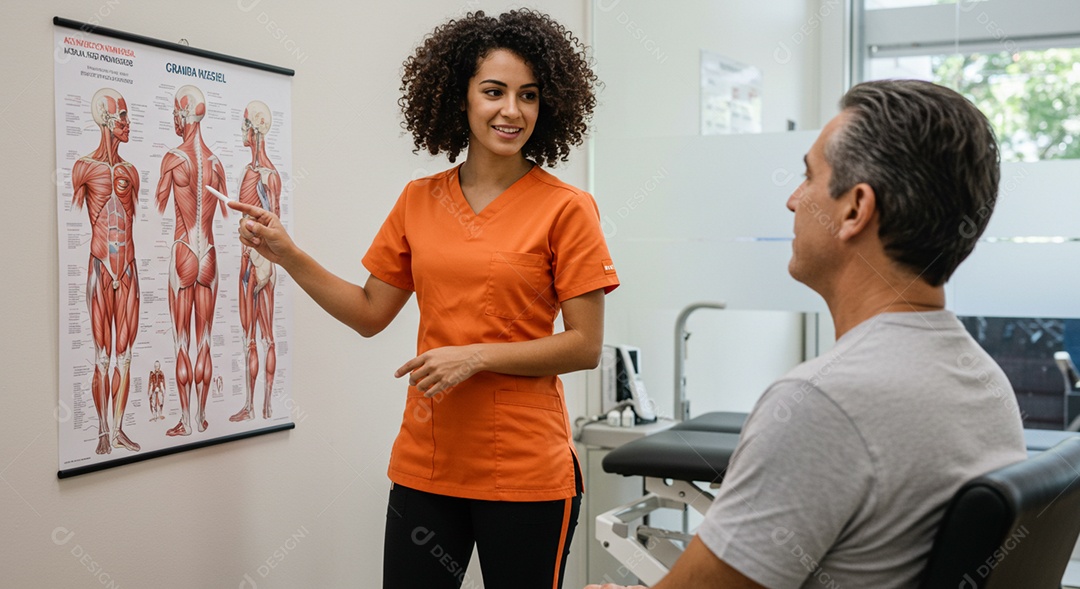 Bela mulher fisioterapeuta fazendo atendimento de um paciente sob uma clínica