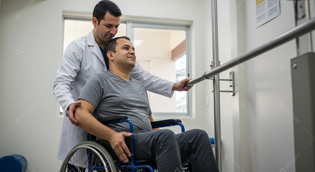 Belo homem fisioterapeuta fazendo atendimento de um paciente sob uma clínica