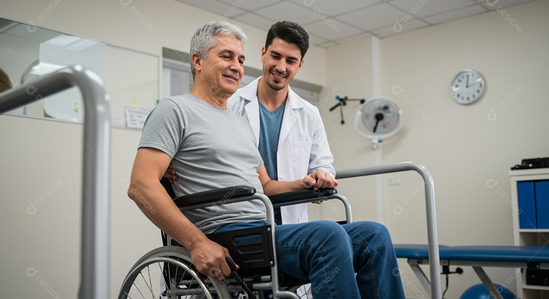 Belo homem fisioterapeuta fazendo atendimento de um paciente sob uma clínica