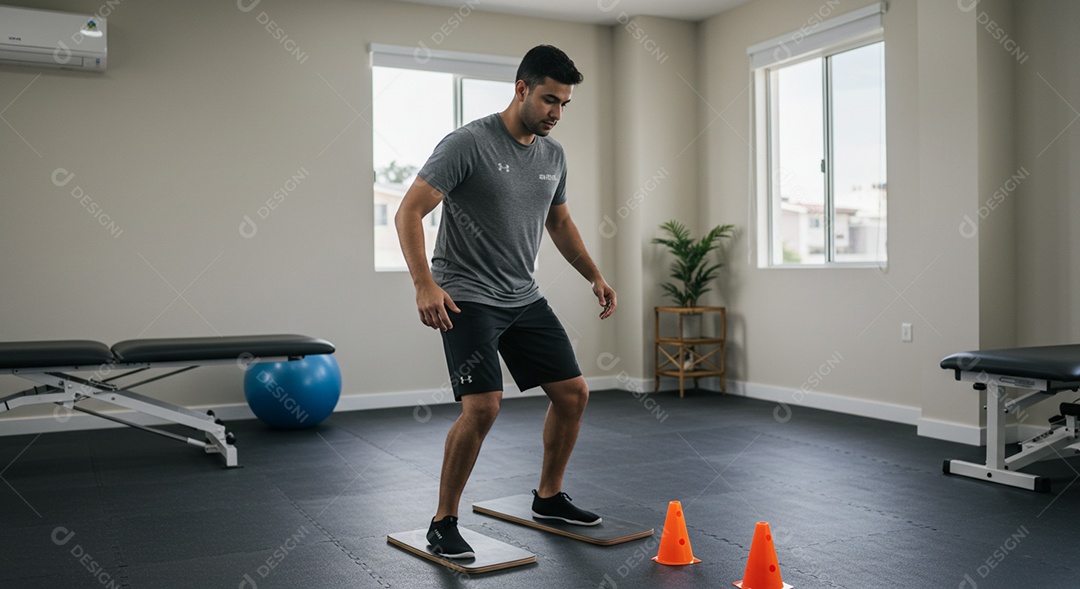 Belo homem fisioterapeuta fazendo exercícios sob uma clínica