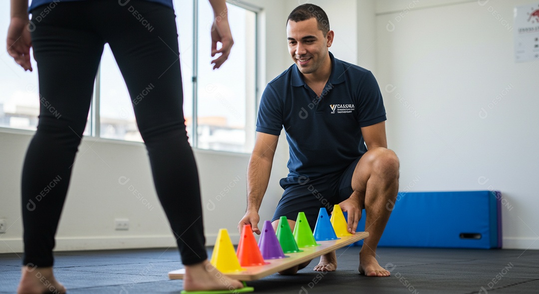 Belo homem fisioterapeuta arrumando o equipamento para avaliação de pacientes sob uma clínica