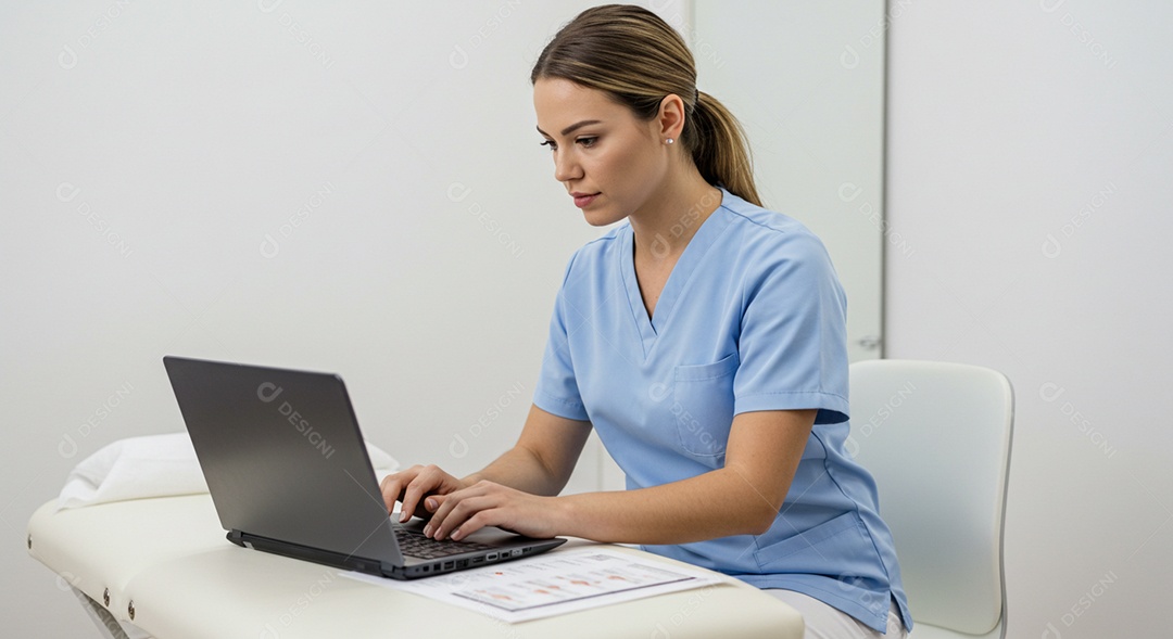 Bela mulher fisioterapeuta mechendo em notebook sob uma clínica
