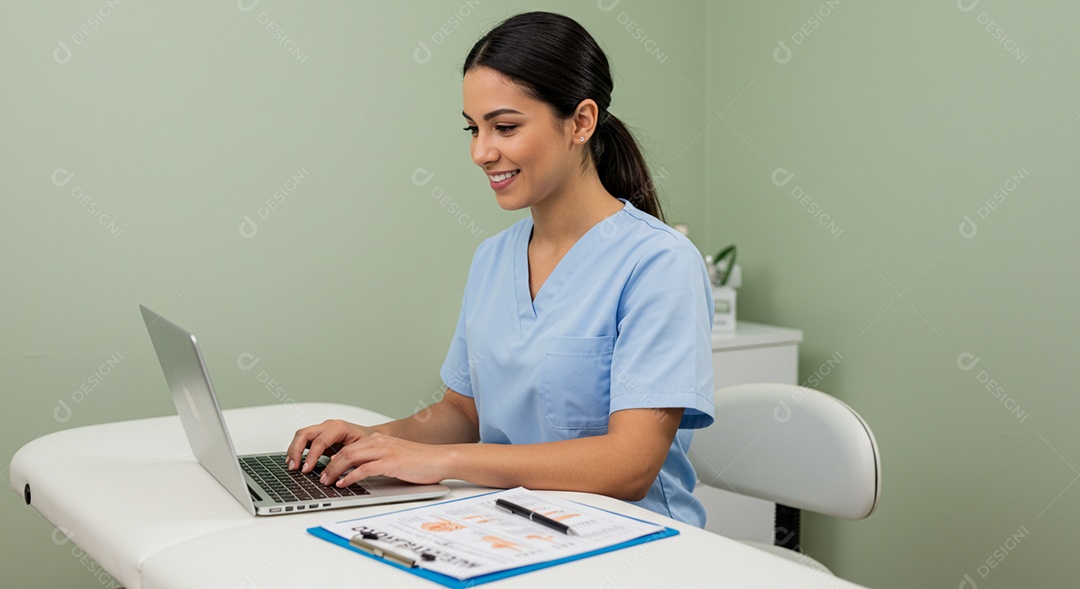 Bela mulher fisioterapeuta mechendo em notebook sob uma clínica