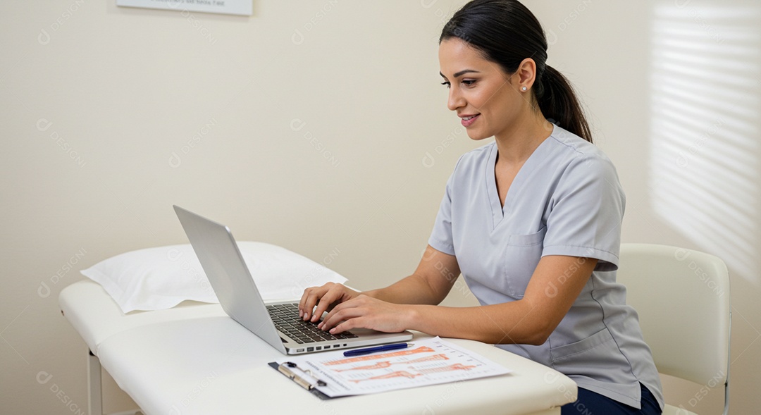 Bela mulher fisioterapeuta mechendo em notebook sob uma clínica