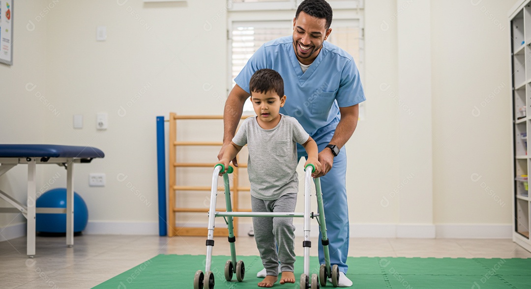 Belo homem fisioterapeuta fazendo atendimento de uma criança sob uma clínica