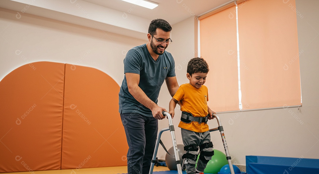Belo homem fisioterapeuta fazendo atendimento de uma criança sob uma clínica