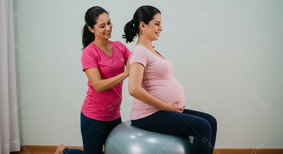Bela mulher fisioterapeuta fazendo atendimento de uma paciente grávida sob uma clínica