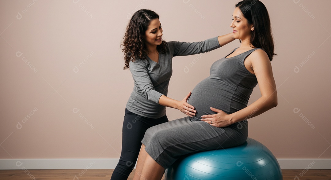 Bela mulher fisioterapeuta fazendo atendimento de uma paciente grávida sob uma clínica