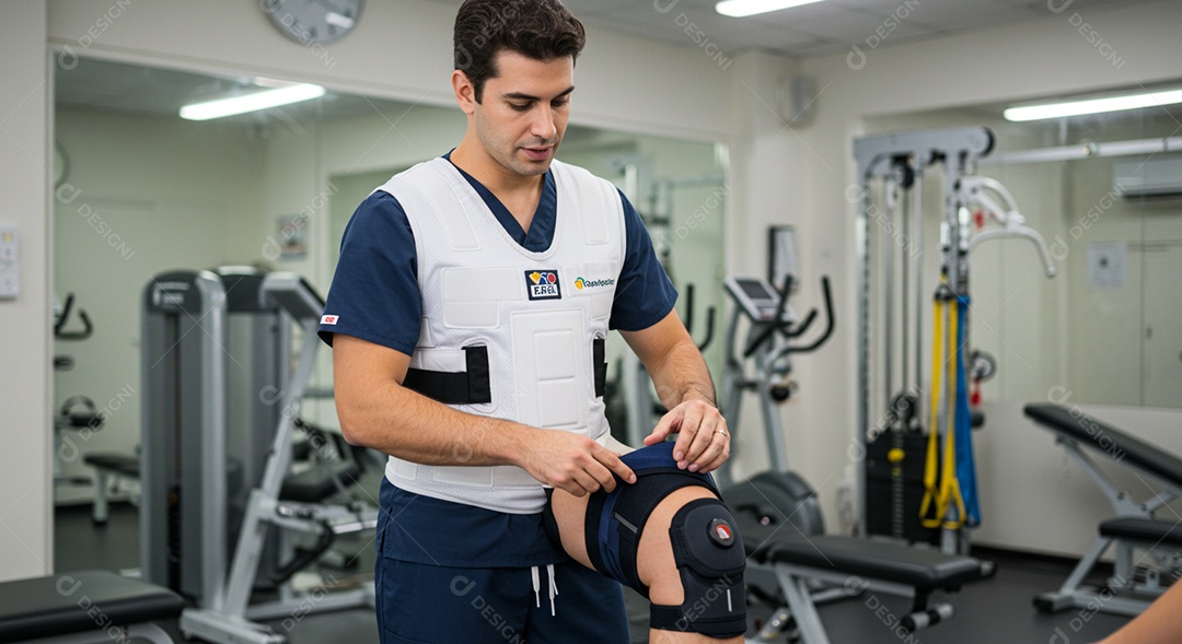 Close-up de fisioterapeuta fazendo pose sob uma clínica