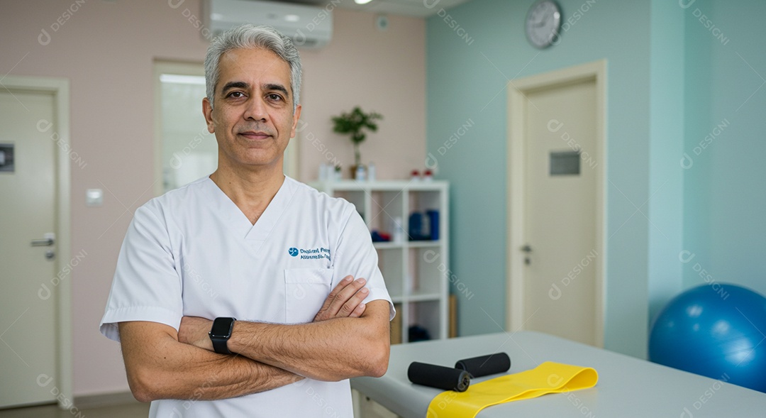 Close-up de fisioterapeuta fazendo pose sob uma clínica