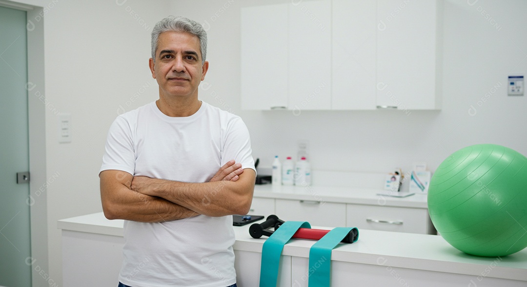 Close-up de fisioterapeuta fazendo pose sob uma clínica