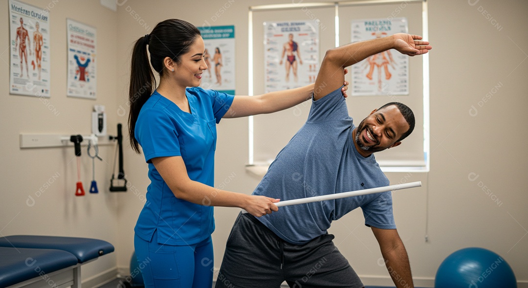 Bela mulher fisioterapeuta fazendo atendimento de um paciente sob uma clínica