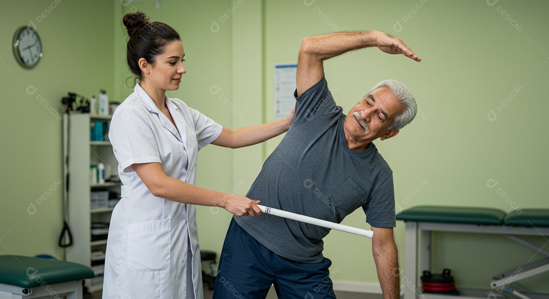 Bela mulher fisioterapeuta fazendo atendimento de um paciente sob uma clínica