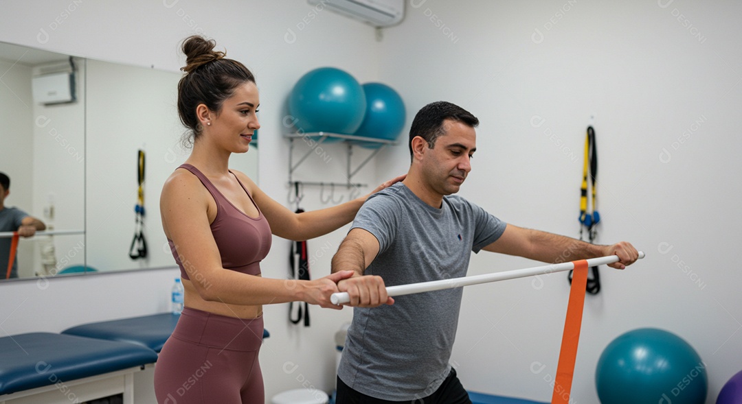 Bela mulher fisioterapeuta fazendo atendimento de um paciente sob uma clínica