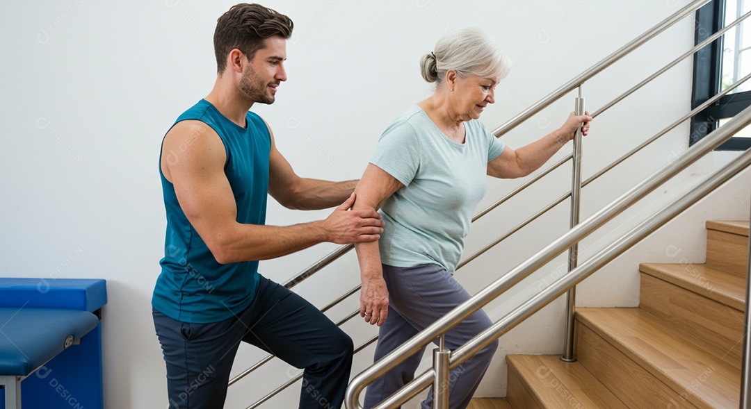 Belo homem fisioterapeuta fazendo atendimento de uma paciente idosa sob uma clínica