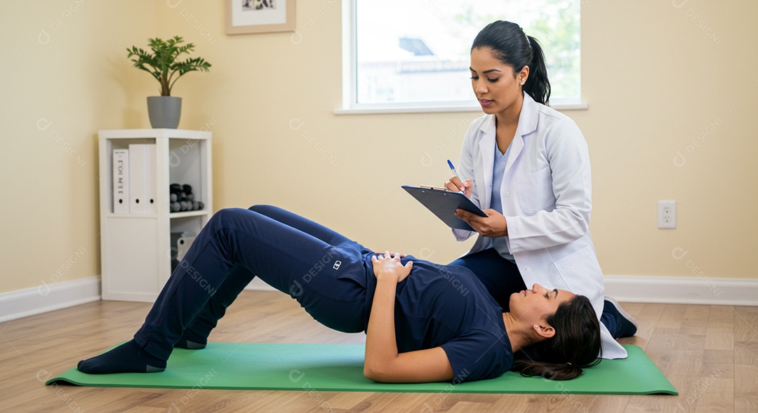 Bela mulher fisioterapeuta fazendo atendimento de uma paciente sob uma clínica