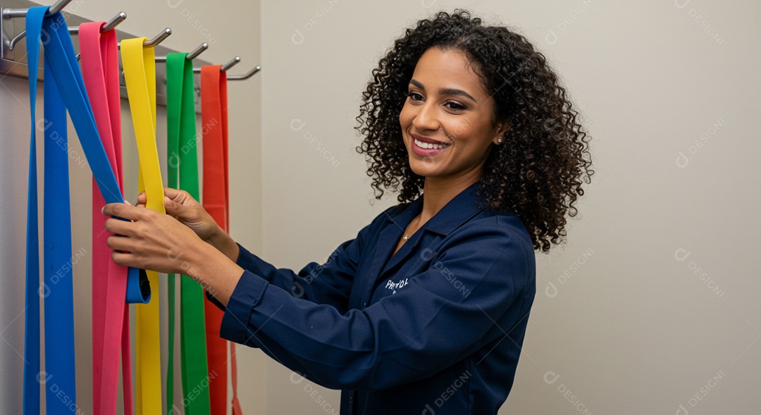 Bela mulher fisioterapeuta arrumando o equipamento para avaliação de pacientes sob uma clínica