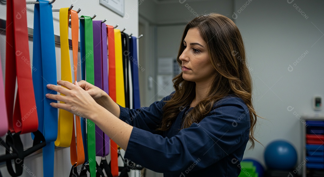 Bela mulher fisioterapeuta arrumando o equipamento para avaliação de pacientes sob uma clínica