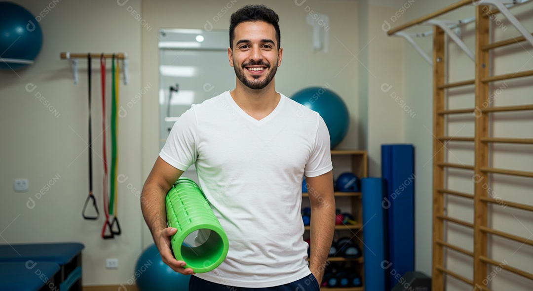 Belo homem fisioterapeuta arrumando o equipamento para avaliação de pacientes sob uma clínica