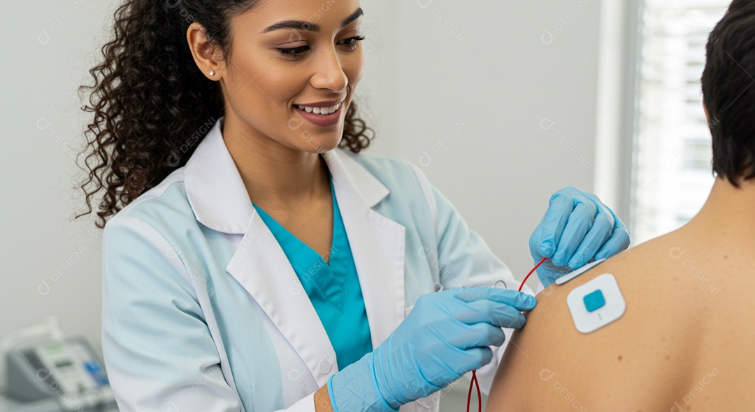 Bela mulher fisioterapeuta fazendo avaliação de um paciente sob uma clínica