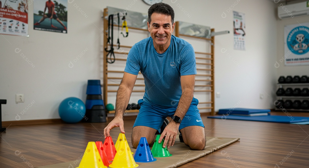 Belo homem fisioterapeuta arrumando obstáculos para avaliação de pacientes sob uma clínica