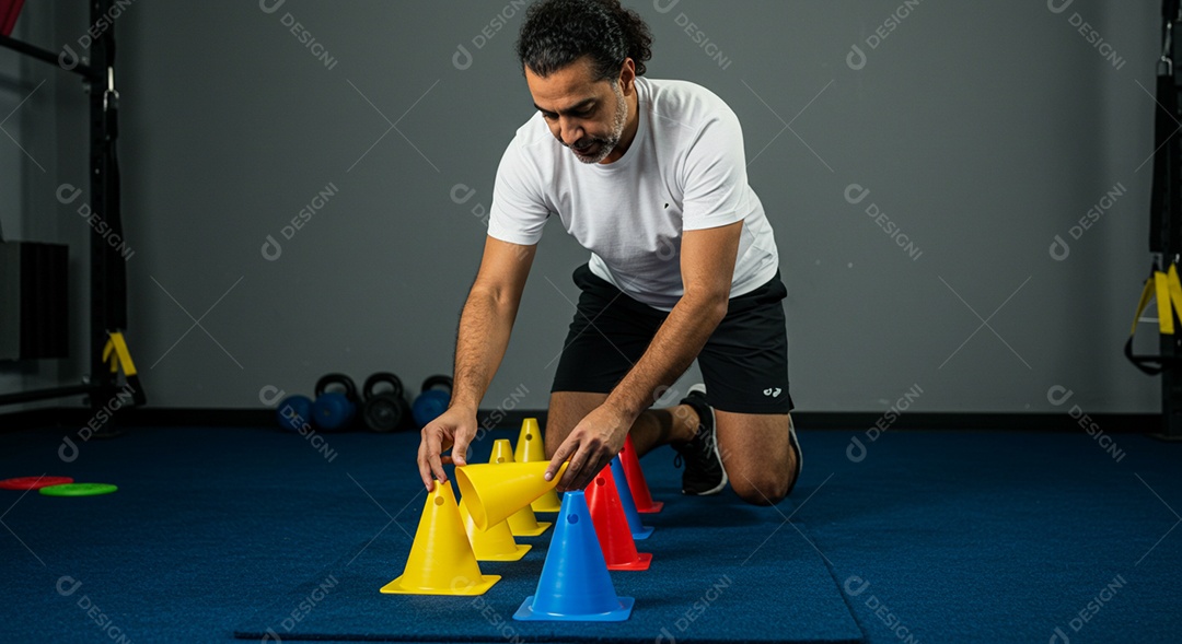Belo homem fisioterapeuta arrumando obstáculos para avaliação de pacientes sob uma clínica