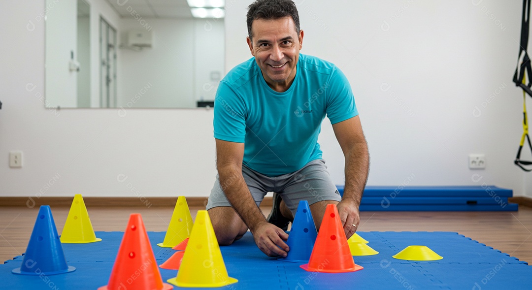 Belo homem em avaliação de fisioterapia sob uma clínica