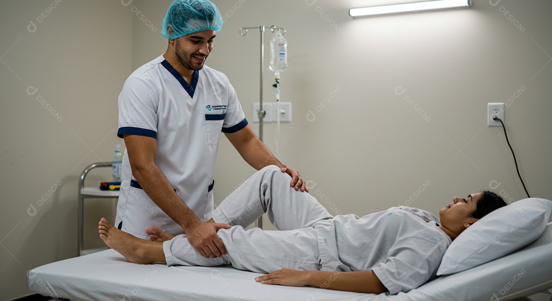 Belo homem fisioterapeuta fazendo atendimento de uma paciente sobre uma maca em uma clínica