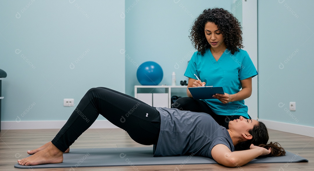 Bela mulher fisioterapeuta fazendo atendimento de uma paciente sob uma clínica
