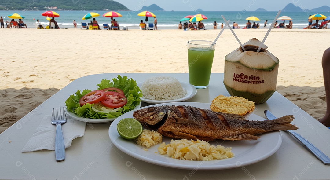 Bela refeição trópical com acompanhamento de água de coco sobre mesa de plástico em uma linda praia com banhistas