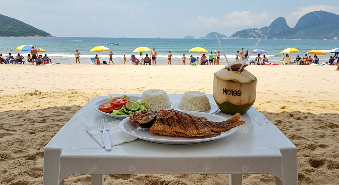 Bela refeição trópical com acompanhamento de água de coco sobre mesa de plástico em uma linda praia com banhistas