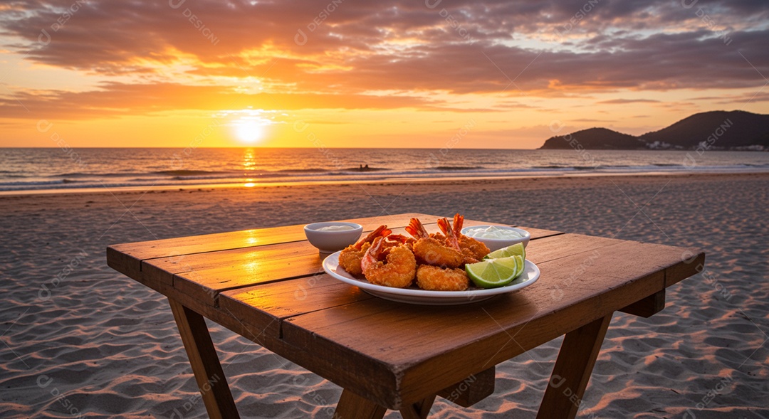 Belos petisco de camarão sobre mesa de madeira em uma linda praia