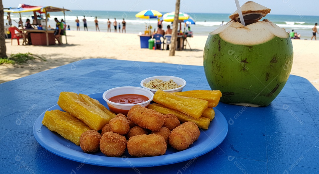 Belos salgados trópicais acompanhado por uma água de coco sobre mesa de madeira em uma linda praia com banhistas