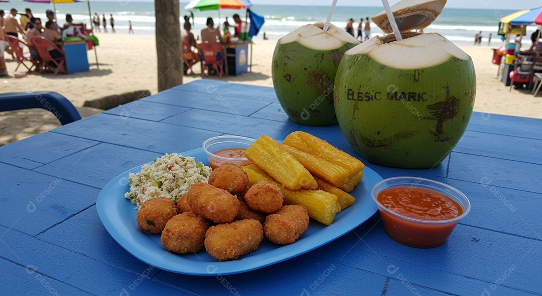 Belos salgados trópicais acompanhado por uma água de coco sobre mesa de madeira em uma linda praia com banhistas