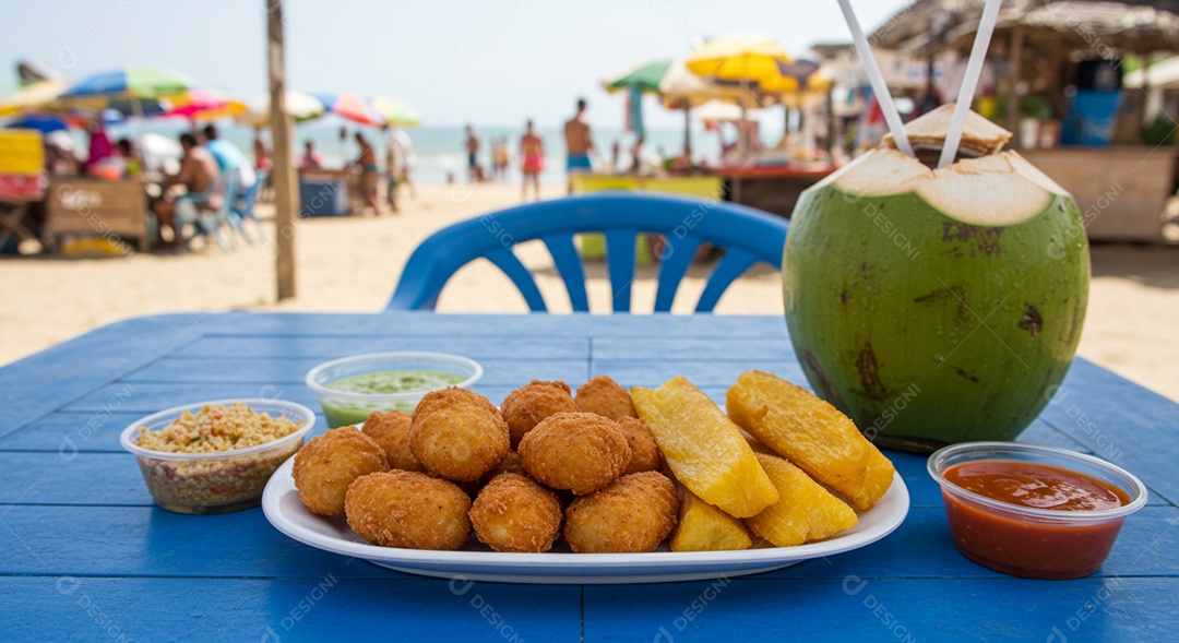 Belos salgados trópicais acompanhado por uma água de coco sobre mesa de madeira em uma linda praia com banhistas
