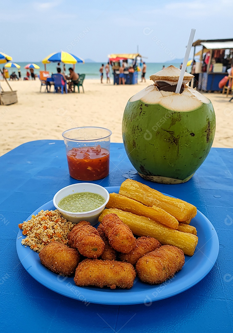 Belos salgados trópicais acompanhado por uma água de coco sobre mesa de madeira em uma linda praia com banhistas