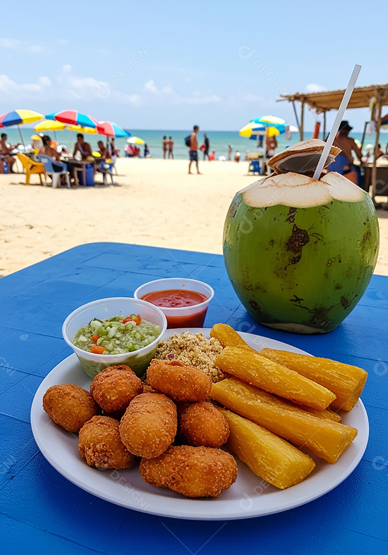 Belos salgados trópicais acompanhado por uma água de coco sobre mesa de madeira em uma linda praia com banhistas