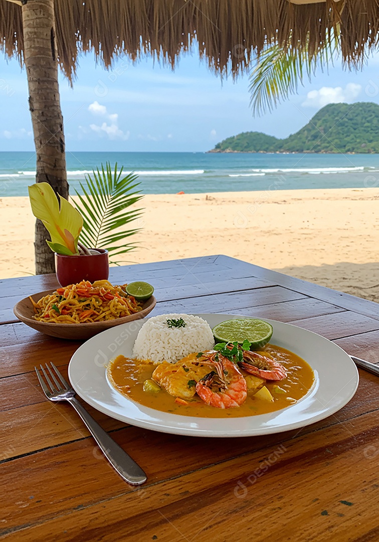 Belo camarão ao molho sobre mesa de madeira em uma linda praia