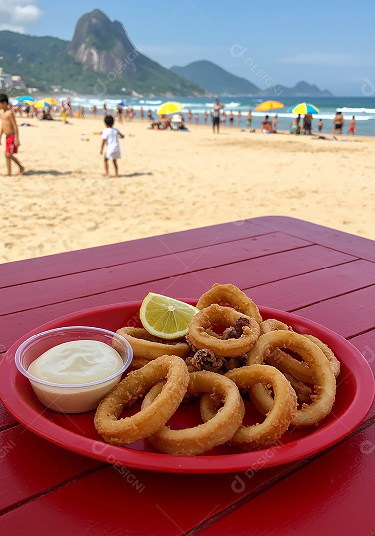 Belos petisco de cebolas empanadas sobre mesa de madeira em uma linda praia com banhistas