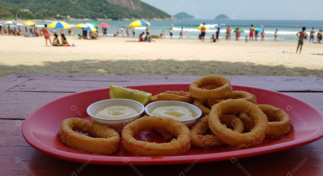 Belos petisco de cebolas empanadas sobre mesa de madeira em uma linda praia com banhistas