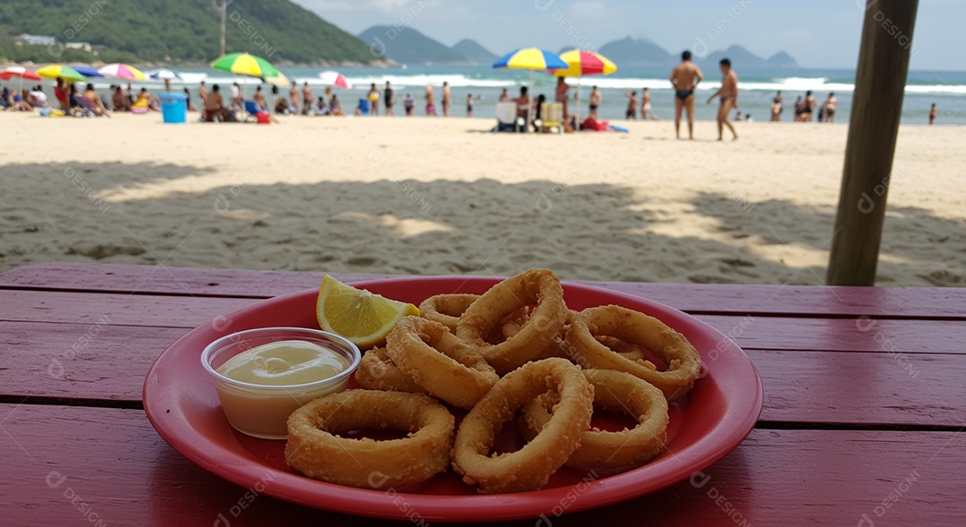 Bela refeição trópical sobre mesa de madeira em uma linda praia com banhistas