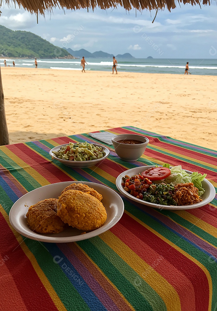 Bela refeição trópical sobre mesa de madeira em uma linda praia com banhistas