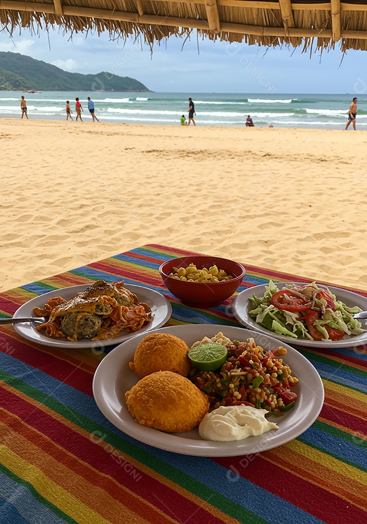Bela refeição trópical sobre mesa de madeira em uma linda praia com banhistas