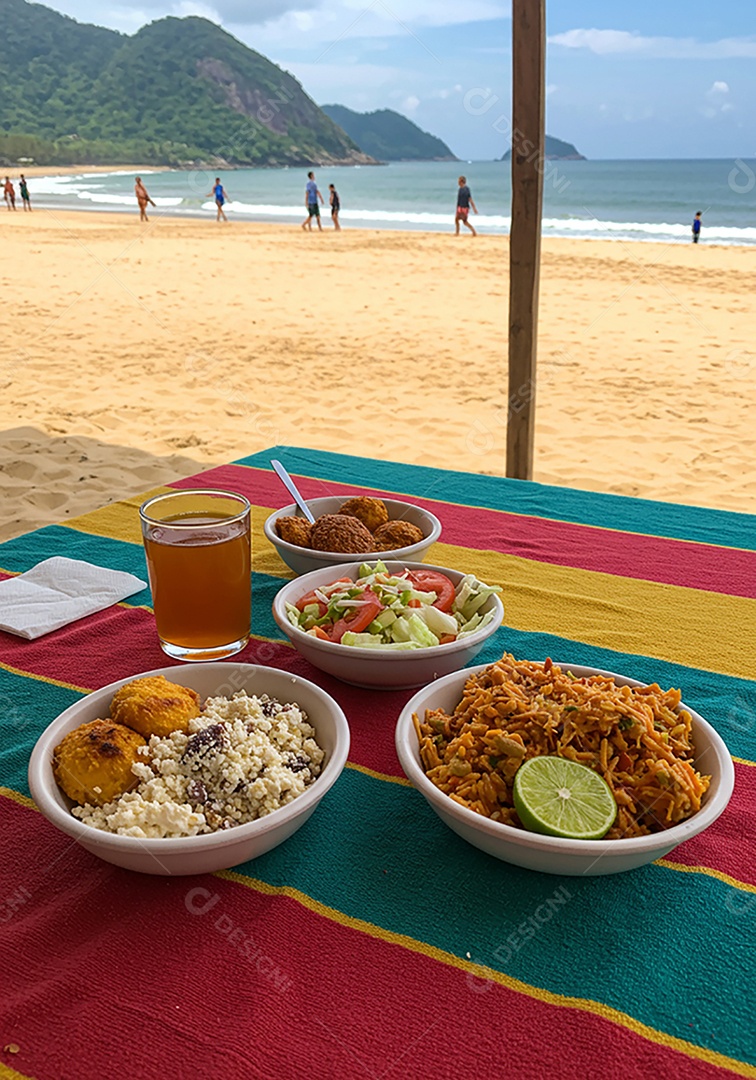Bela refeição trópical sobre mesa de madeira em uma linda praia com banhistas