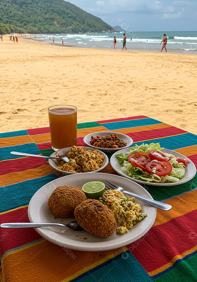 Bela refeição trópical sobre mesa de madeira em uma linda praia com banhistas