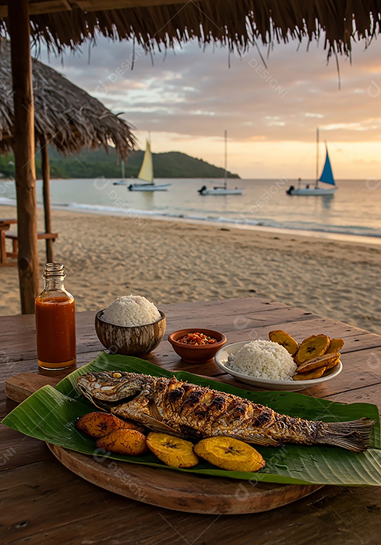Bela refeição trópical sobre mesa de madeira em uma linda praia